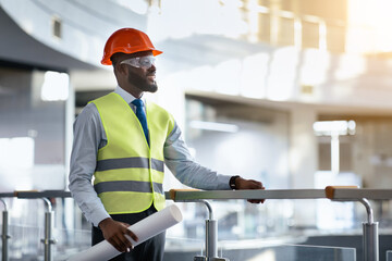A construction worker stands on a balcony in a new building. He is wearing a safety helmet and vest. He holds blueprints and observes the work area with focus.