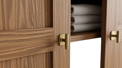 Modern wooden cabinet with brass handles and folded towels