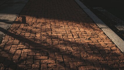 Shadow cast on brick pavement with sunlight and shadow play. Urban sidewalk scene. Texture and pattern of bricks. Light and shadow contrast.