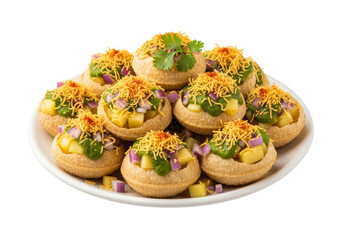 mini savory chaat bites with sev toppings on white plate