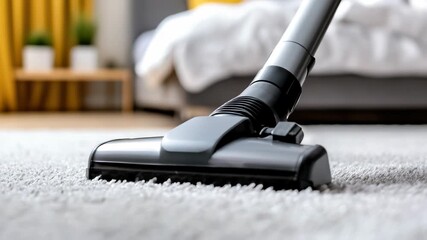 hostess vacuuming carpet in living room with modern vacuum cleaner, home cleaning and housekeeping concept, copy space, domestic chores and hygiene, stock photo style