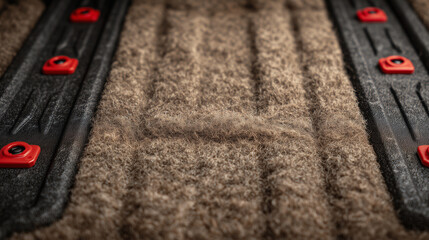 Close-up product-style shot of a truck bed liner, rough textured finish conveying durability, red metal tie-down points secured into the liner, controlled lighting and neutral tone