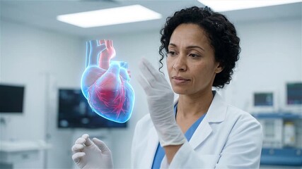 African American Female Doctor Examining a Futuristic 3D Hologram of a Human Heart in a High-Tech Medical Research Laboratory