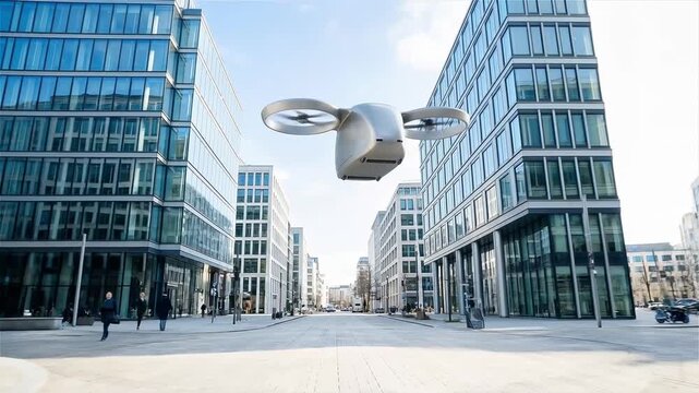 Futuristic Autonomous Air Taxi Flying Over Modern Urban Business District with Glass Buildings