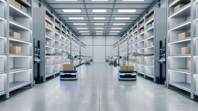 Autonomous Mobile Robots with Robotic Arms Transporting and Sorting Packages in a High-Tech Automated Warehouse Distribution Center Representing Modern Logistics and Supply Chain Technology