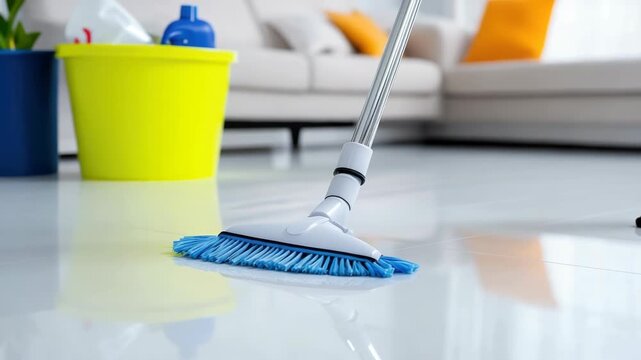 woman mopping floor in bright living room with bucket and cleaning supplies nearby