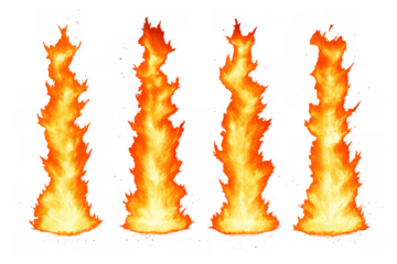 Four vertical fire flames burning bright, isolated on a transparent background, representing heat, energy, and danger