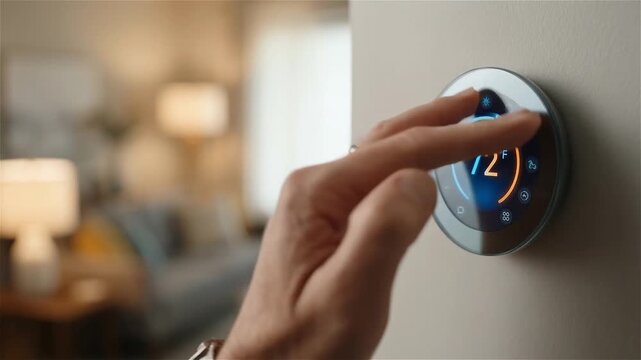 Close-up of Hand Adjusting Smart Thermostat for Home Temperature Control and Energy Efficiency
