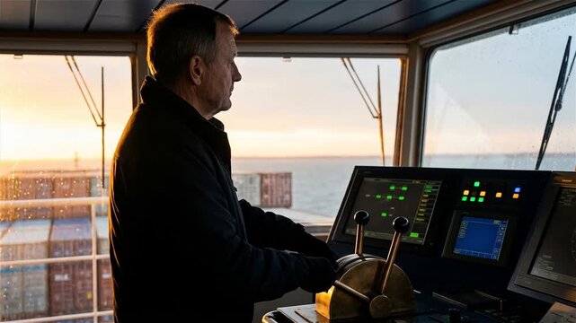 Professional Ship Captain Navigating a Container Vessel from the Bridge at Sunrise, Handling Steering Controls with Focus