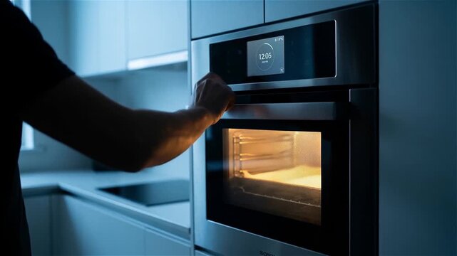 Person Using a Modern Built-in Smart Oven with Touch Screen Display in a Dark Contemporary Kitchen