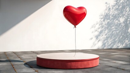 3D podium with Valentine red heart-shaped helium balloon isolated with shadows. AI GENERATED.
