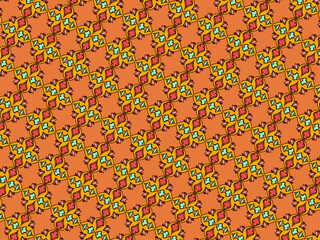Colorful geometric seamless pattern with playful repeating shapes in orange, yellow, green, and red colors. Decorative modern design suitable for textiles, wallpapers, packaging, and creative projects