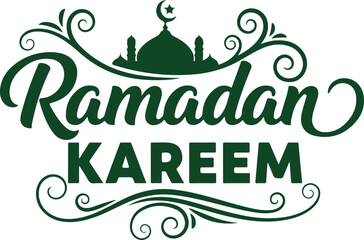 A graceful ramadan kareem greeting with mosque silhouette and intricate green swirls design
