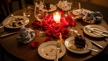 Romantic Dinner Setting with Dessert and Wine for Valentine Day Celebration