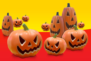 various sizes and shapes of ten pumkins are carved with similar spooky faces on red and yellow background, object, decor, fashion, scary, festival, celebration, ghost, copy space