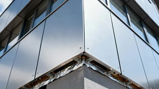 Closeup of metal fireresistant cladding panels being installed on a modern building showcasing durable protective exterior layers against fire hazards.