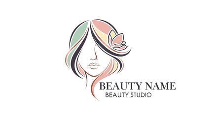 Beauty studio logo with woman face and flower in hair for beauty name brand with illustration and colorful and graphic and design and salon and spa