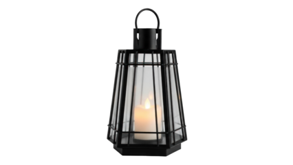 Black Metal Lantern with Lit Candle