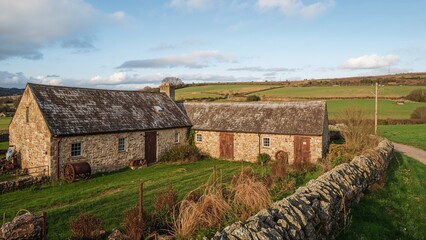 Rustic stone farmhouses with tiled roofs set amid lush green fields and a stone fence under a partly cloudy sky.
