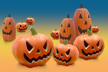 various sizes and shapes of ten pumkins are carved with similar spooky faces on gradient blue and orange background, object, decor, fashion, scary, festival, celebration, ghost, copy space
