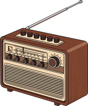 Vintage radio vector illustration showing retro wooden transistor radio with antenna classic audio device isolated
