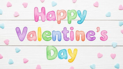 Colorful Alphabet Letters Spelling Happy Valentine Day Message on Wooden Background