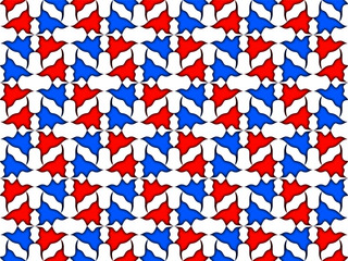 Geometric seamless pattern with repeating curved shapes in red, blue, and white colors. Bold modern design suitable for textiles, wallpapers, packaging, backgrounds, and creative projects.