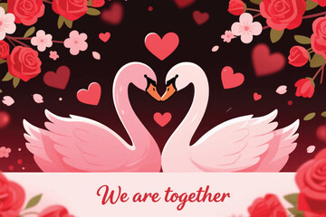 Two pink swans forming heart shape with necks, surrounded by roses and hearts, with &ldquo;We are together&rdquo; text.