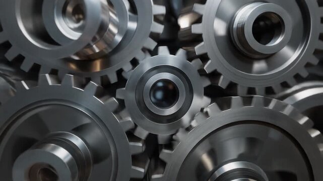 Close-up View of Interlocking Metal Gears in Motion with Subtle Reflections Keywords: gears, mechanical, machinery, engineering, industrial, metal, steel, chrome, cogwheels, interlocking