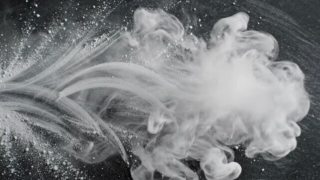 Abstract motion background featuring swirling patterns of white chalk particles dynamically floating and merging on a dark textured classroom slate board presentation, greenboard, texture