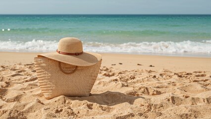 A large straw hat resting on the sandy beach near the ocean with waves and a cloudy sky.