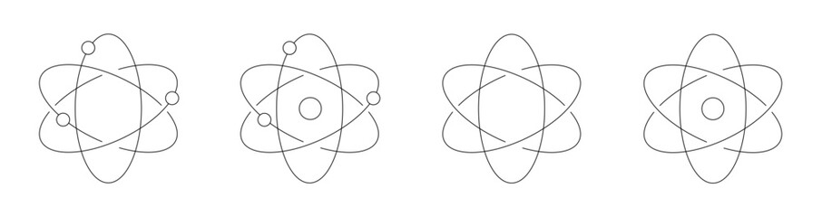 Outline atom icon set, Science and physics research symbols, Nuclear energy and molecule graphics, Educational chemistry UI elements, Minimalist line art vector collection