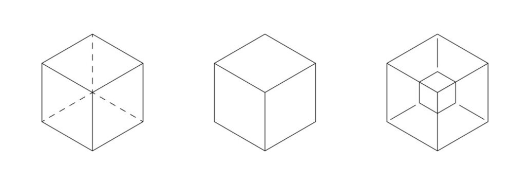 Minimalist isometric cube icon set, Geometric 3D box symbols, Wireframe and solid block graphics, Spatial structure UI elements, Line art vector collection