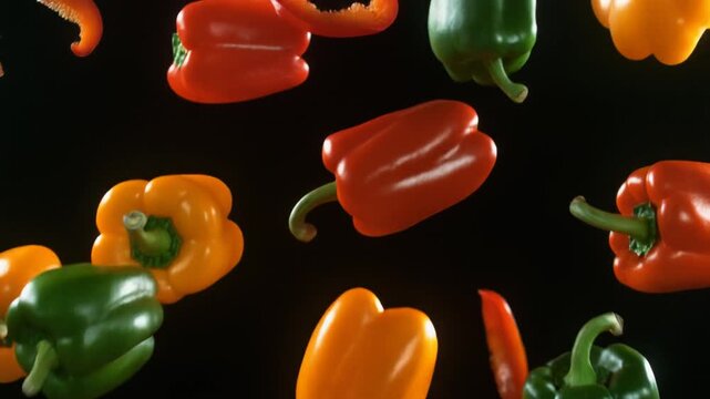 Assorted Bell Peppers in Various Colors Falling Against a Dark Background paprika capsicum