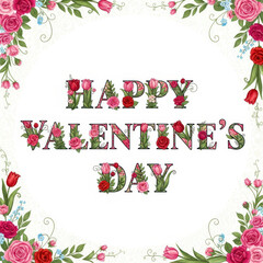 Floral Valentine day greeting with roses and tulips for romantic celebration