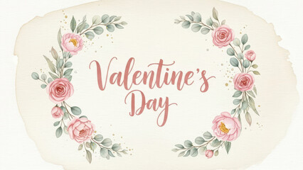 Floral Valentine day greeting card with pink roses and calligraphy text