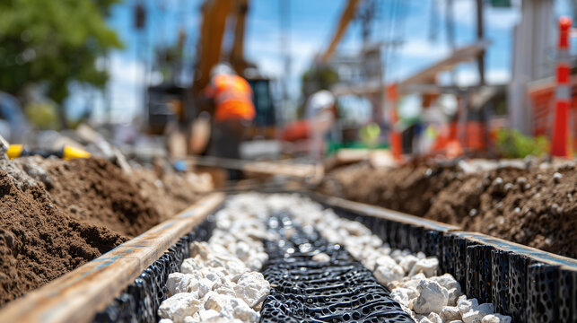 Perspective view along a trench during foundation drainage installation, perforated pipe extending into distance, gravel neatly arranged around, tools and safety markers slightly b
