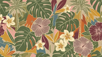 Retro tropical seamless pattern with vintage palm trees and hibiscus © Husmath