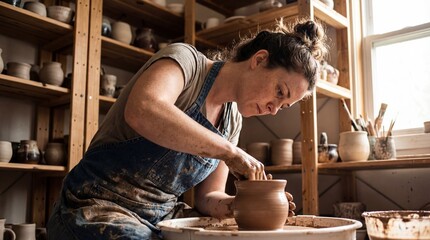 Focused artisan woman shaping a clay pot on a pottery wheel in a rustic sunlit studio workshop with ceramics on wooden shelves.