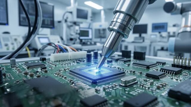 innovation driven efficiency model concept. High-tech soldering on a circuit board in a modern lab.