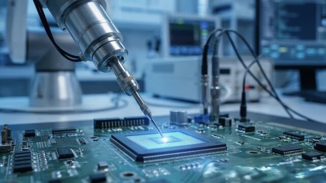 innovation driven efficiency model concept. Precision soldering on a circuit board in a tech lab.