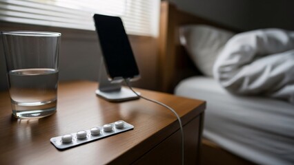 allergy pills blister with water glass and smartphone on bedside table for healthcare blogs, sleep quality websites and medical presentations, on blurred background