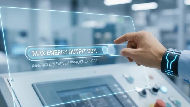 innovation driven efficiency model concept. Hand adjusting a digital control panel in a modern industrial setting.