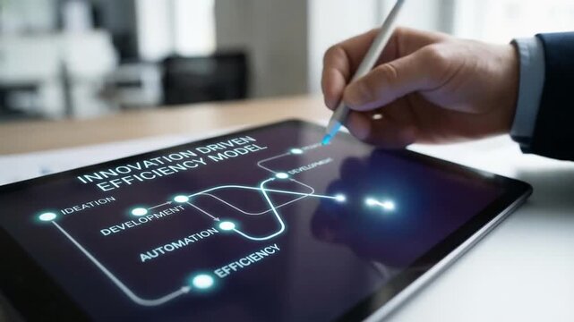 innovation driven efficiency model concept. Hand using a stylus on a tablet displaying a business efficiency model.