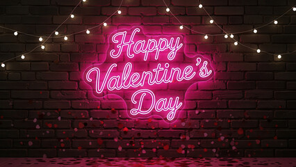 Neon Valentine Day Sign Glowing on Brick Wall with Decorative Lights and Hearts