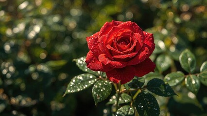 Close-up of a red rose with dew drops on the petals and leaves, set against a blurred green garden background.