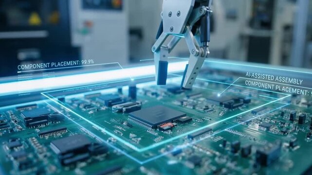 innovation driven efficiency model concept. Robotic arm handling a circuit board in a high-tech environment.