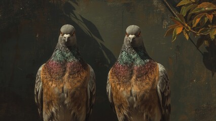 Two pigeons with brown and gray feathers, facing forward against a dark background with leaves.