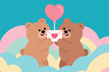 Two cartoon teddy bears holding envelope with pink heart seal among pastel clouds and heart balloon.