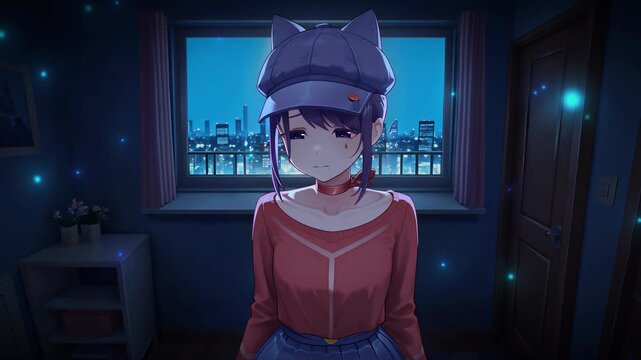 A cute and sad anime girl in a cap stands sadly against the backdrop of a room, anime wallpaper for PC